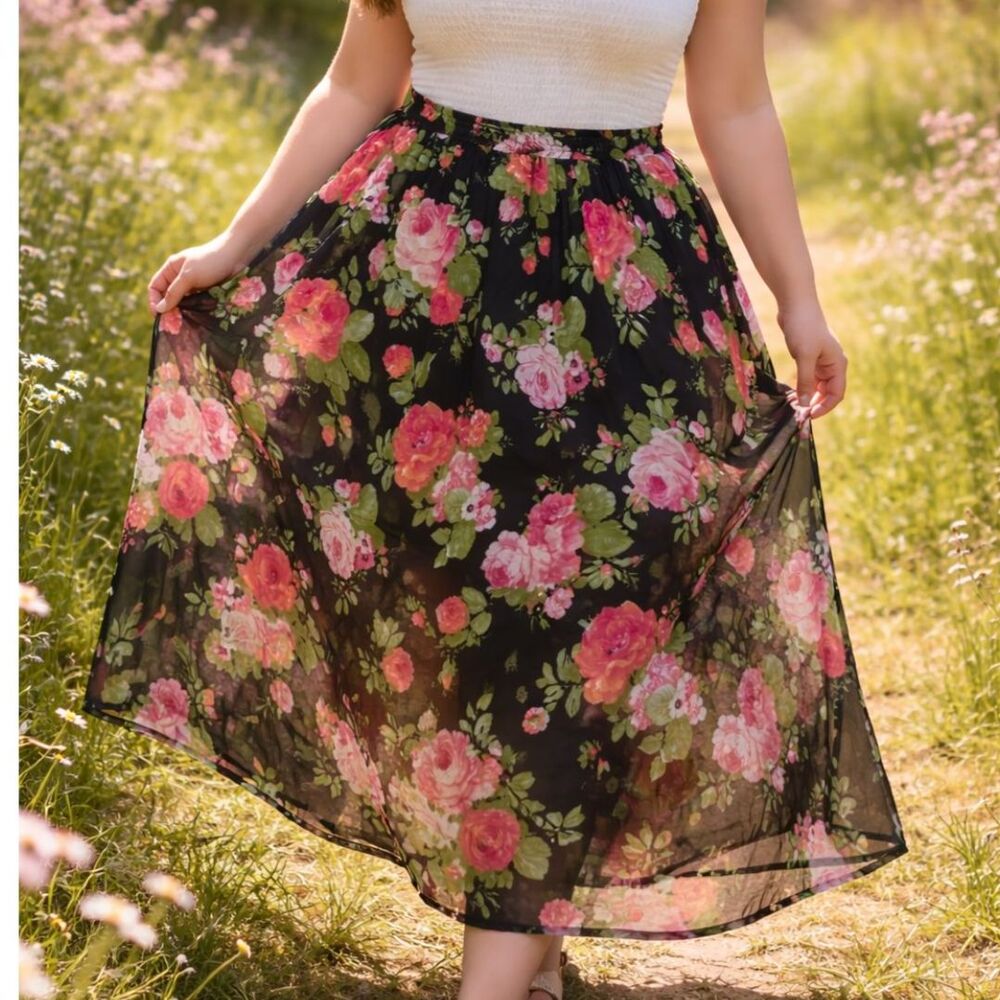 Vintage Floral Maxi Skirt M/L Black Sheer Cottagecore Romantic Lined